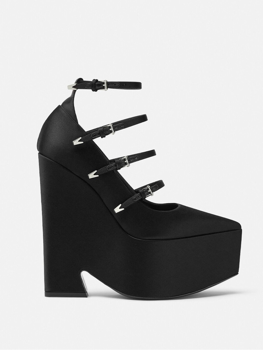 NEW Versace Black Satin Strappy Platform Wedge Heels